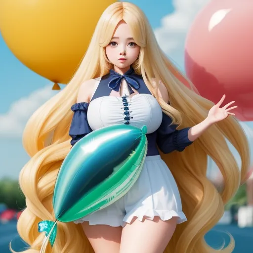 a girl with long blonde hair holding a balloon and a green balloon in her hand, standing in front of a blue sky, by Akira Toriyama