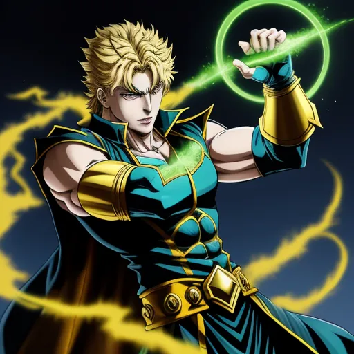 a man in a blue and gold outfit holding a green ring in his hand and a yellow ring in his other hand, by Hirohiko Araki