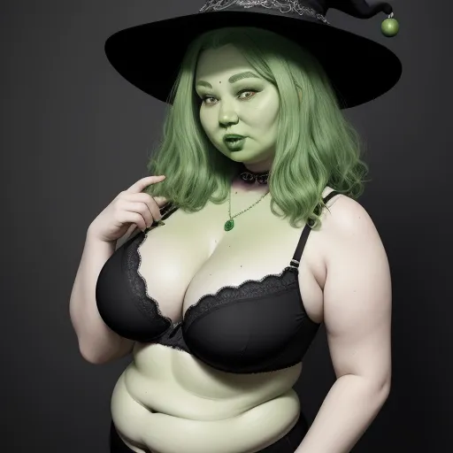 how to change image resolution - a woman in a witch costume poses for a picture with a hat on her head and green hair and a green wig, by Terada Katsuya