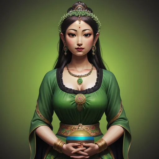 ai image enhancer - a woman in a green dress with a green crown on her head and a green dress with a blue belt around her waist, by Chen Daofu