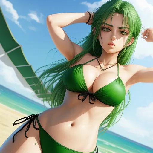 a woman in a bikini on a beach with a parasol in her hand and a green umbrella in the background, by Toei Animations