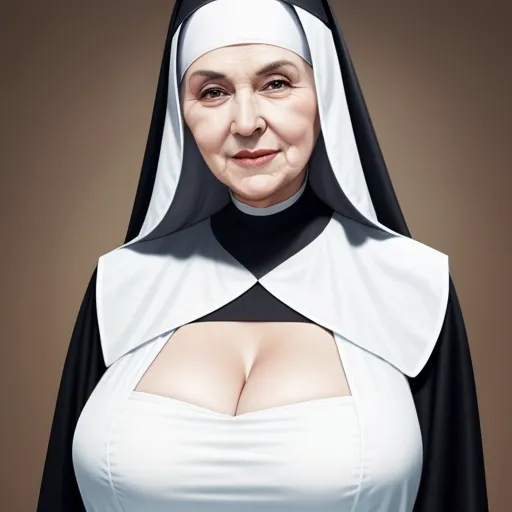 ai create image from text - a nun with a big breast and a black robe on her head and a white dress on her body, by Saturno Butto