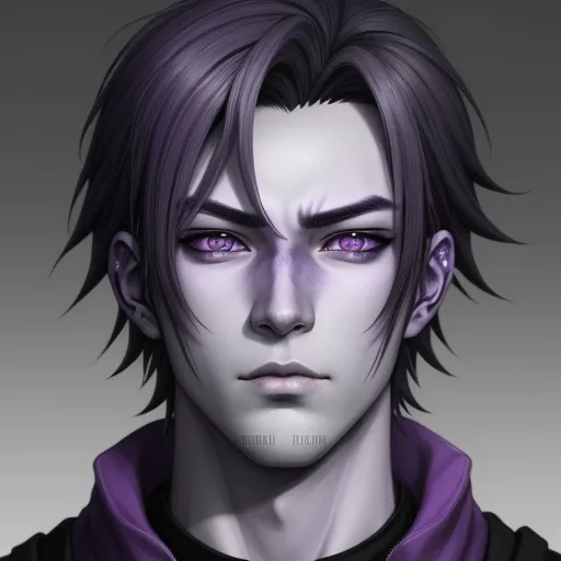 high-resolution image: man with purple skin, grey eyes, dark hair