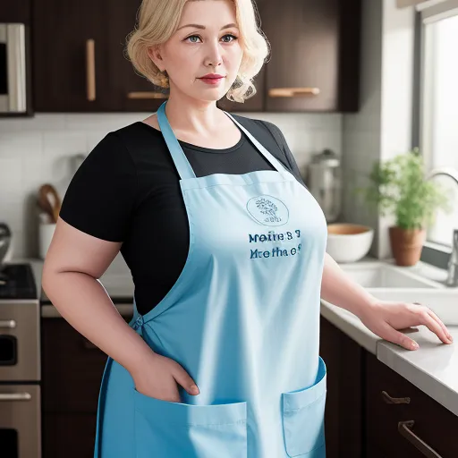 a woman in a blue apron standing in a kitchen with a counter top and a window behind her,, by Liubov Sergeevna Popova