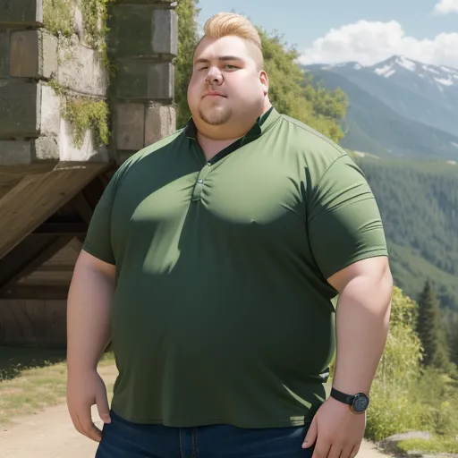 best ai photo editor - a man with a big belly standing in front of a mountain range with a mountain in the background and a building with a balcony, by Botero