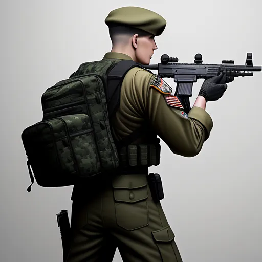 a man in a military uniform holding a rifle and backpack on his back, with a backpack on his shoulder, by Toei Animations