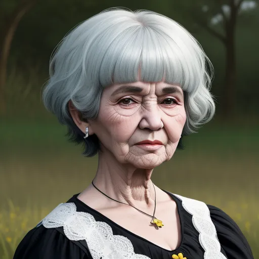 high-resolution image: verd granny, short hairstyle, big cleavag