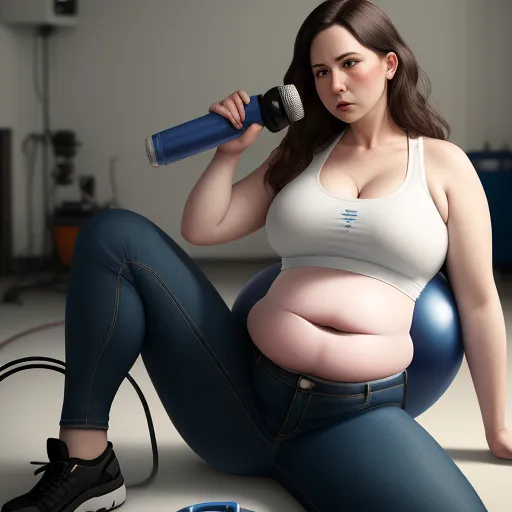 make a photo high res - a pregnant woman sitting on the floor with a hair dryer in her hand and a hair dryer in her other hand, by Terada Katsuya