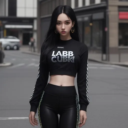 high quality photos online - a woman in a crop top and leggings stands on a street corner in a city setting with a car in the background, by Chen Daofu