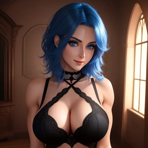 pixel to inches conversion - a very pretty woman with blue hair and a bra top on posing for a picture in a room with a window, by Terada Katsuya