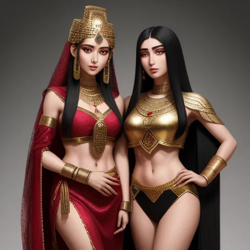 two women in egyptian costumes posing for a picture together, both wearing gold jewelry and headpieces,, by Chen Daofu