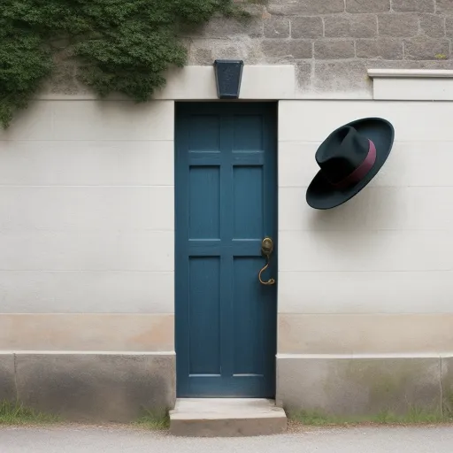 a blue door with a hat hanging on it's side and a hat hanging on the wall above it, by Louise Bourgeois