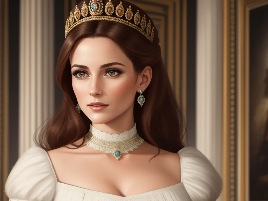 make photos hd free - a woman wearing a tiara and a necklace in a room with paintings on the walls and a painting of a woman in a white dress, by Emily Murray Paterson