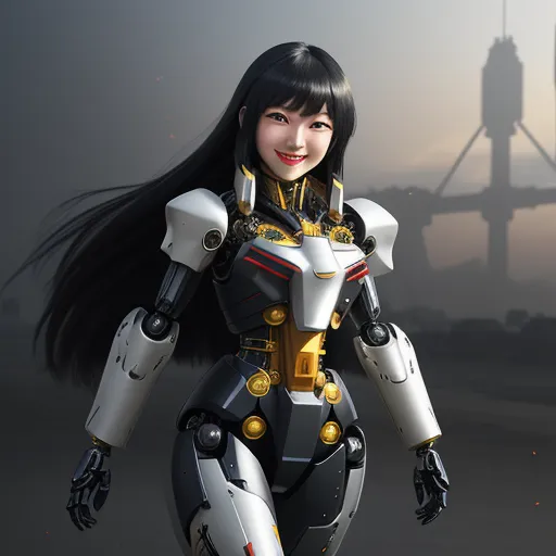 best text to image ai - a woman in a futuristic suit standing in front of a bridge with a gun in her hand and a gun in her other hand, by Chen Daofu