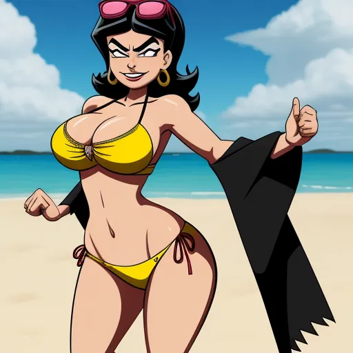 a cartoon character in a bikini on the beach with a surfboard in her hand and a black cape around her neck, by Hanna-Barbera
