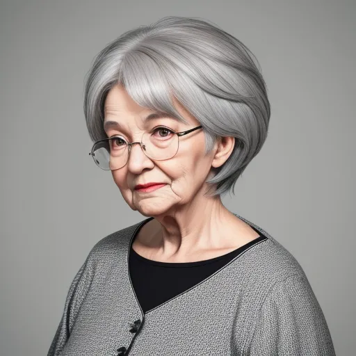 an older woman with glasses and a gray sweater on a gray background with a black shirt and a black shirt, by Filip Hodas