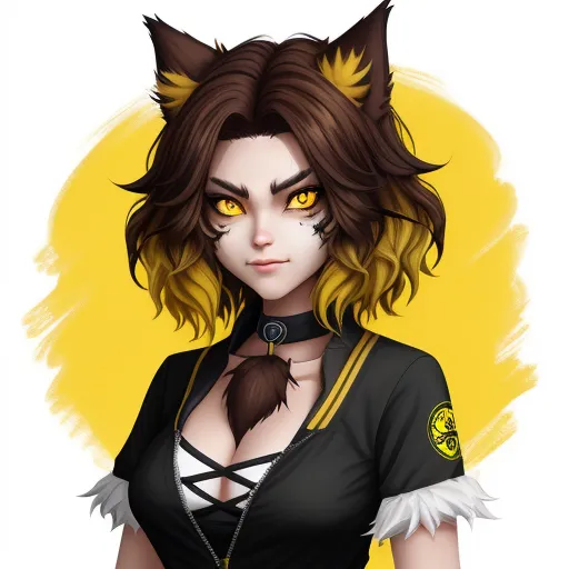 4k quality photo converter - a woman with yellow eyes and a black shirt with white feathers on her head and a cat's head, by Lois van Baarle