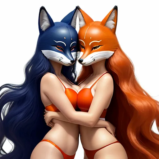 a woman in a bikini hugging a fox in a cartoon style, with long hair and a fox mask on, by Lois van Baarle