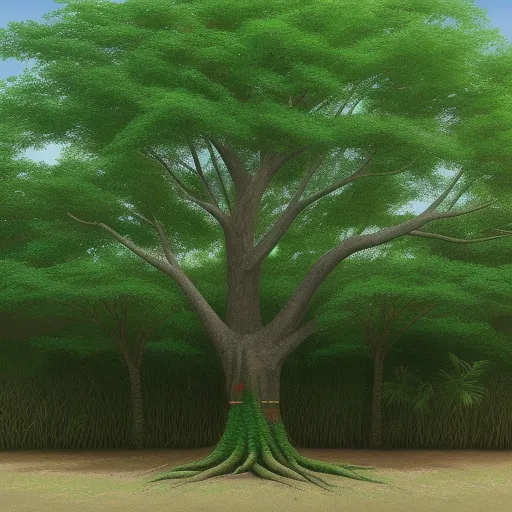 1080p to 4k converter picture - a painting of a tree with a large trunk and a green leafy tree in the background with a blue sky, by Hayao Miyazaki