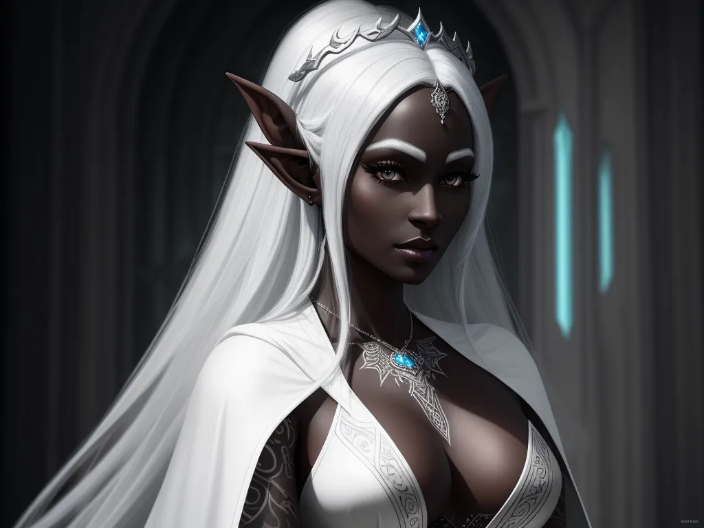 text to image ai generator - a woman dressed in white with a white veil and a tiara on her head and a blue light behind her, by Lois van Baarle