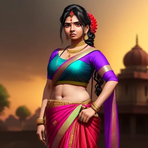 ai-generated images from text - a woman in a colorful sari and a red and green sari with a red flower in her hair, by Raja Ravi Varma