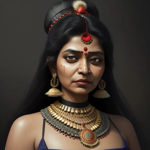 a woman with a necklace and earrings on her head and a red nose ring on her head and a black background, by Raja Ravi Varma