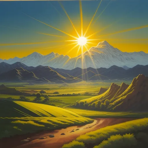 best ai picture generator - a painting of a mountain range with a sun shining over it and a river running through it, with a bright yellow sky, by David A Hardy