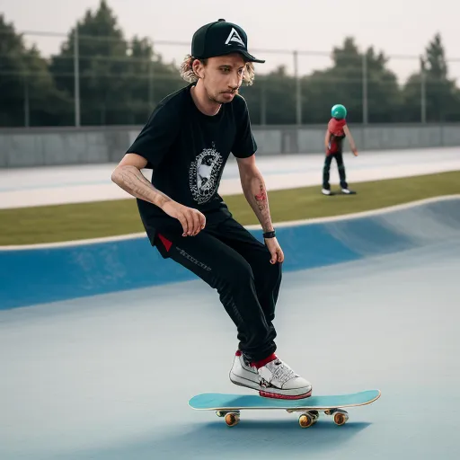 image convert - a man riding a skateboard on a skate park course with another man in the background watching him skate, by Hendrik van Steenwijk I