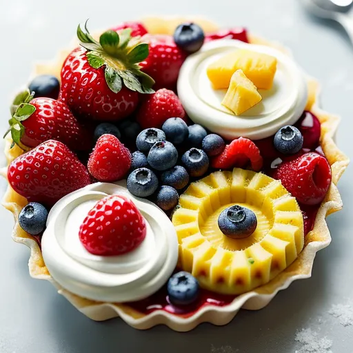 a plate of fruit and cream on a table with a spoon and fork in the background and a spoon in the foreground, by David Young Cameron