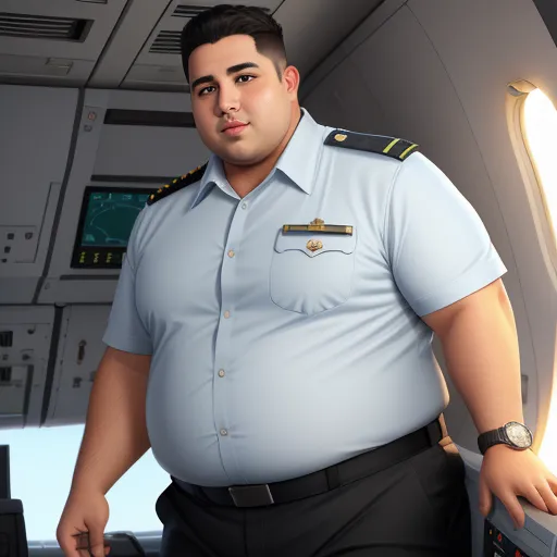 a man in a uniform standing in a plane cabin with a window behind him and a clock on the wall, by Pixar Concept Artists