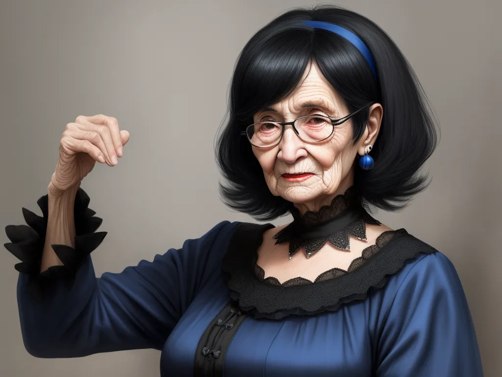 a woman with a blue dress and black hair is posing for a picture with her arm raised up and a black collar, by Lois van Baarle