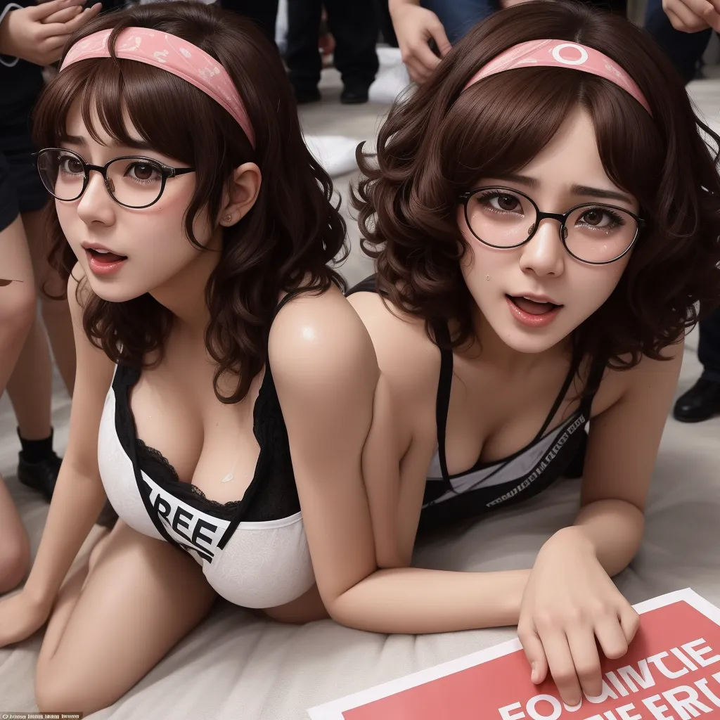 free ai text to image - two women in lingerie posing for a picture together with a sign in front of them that says follnive follnive follie follie follie follie follie, by Terada Katsuya