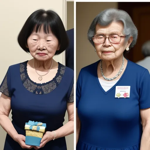 two pictures of an older woman holding a gift box and a younger woman holding a present box with a ribbon, by Yayoi Kusama