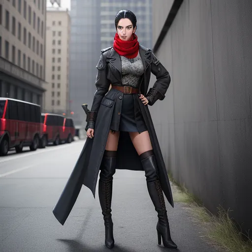 how to increase resolution of image - a woman in a black coat and red scarf posing for a picture in a city street with tall buildings, by Terada Katsuya