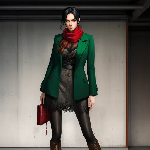 imagesize converter - a woman in a green coat and red scarf and boots standing in a room with a red purse and a red purse, by Hirohiko Araki