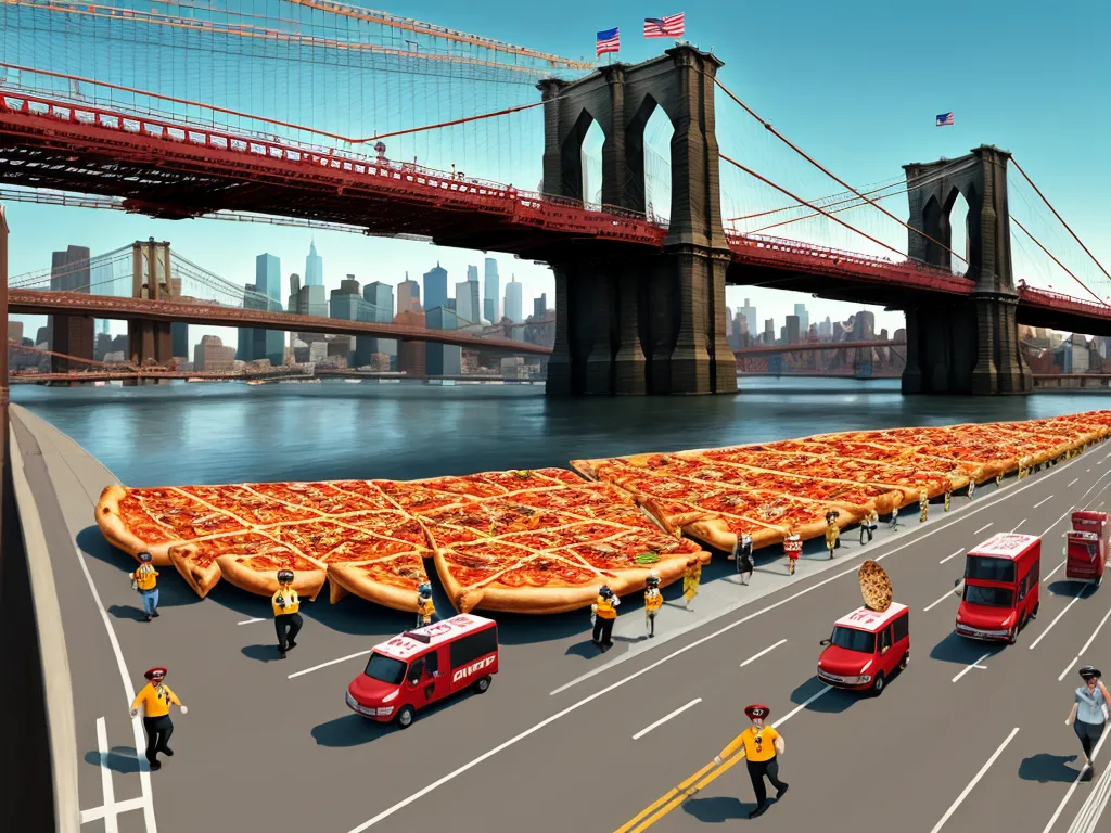 a large group of people walking across a bridge over a river with a giant pizza on it's side, by Bjarke Ingels