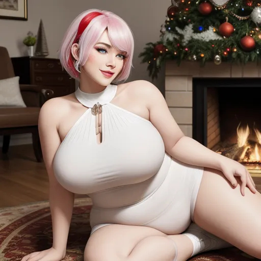 ultra hd print - a woman with pink hair and a white dress sitting on a rug in front of a fireplace with a christmas tree, by Terada Katsuya