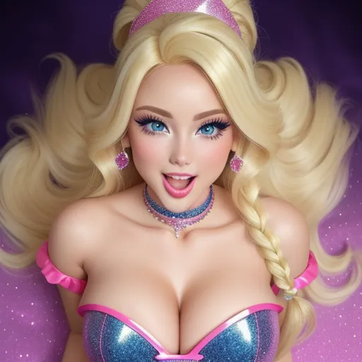 a barbie doll with blonde hair and blue eyes wearing a pink bra and a tiara with a pink ribbon around her neck, by Terada Katsuya