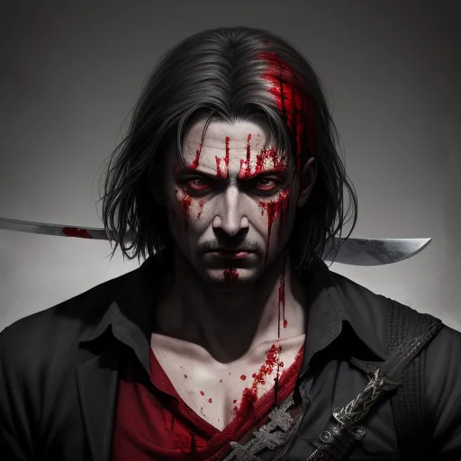 a man with a knife and blood on his face and a knife in his hand, with blood on his face, by Antonio J. Manzanedo