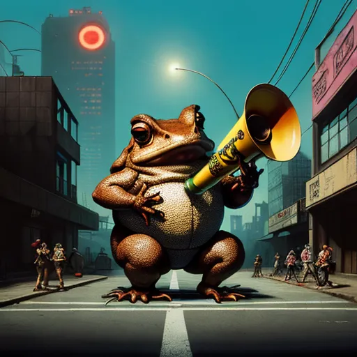 a frog with a yellow horn and a yellow tube in its mouth is standing on a city street with people walking by, by Ryohei Hase