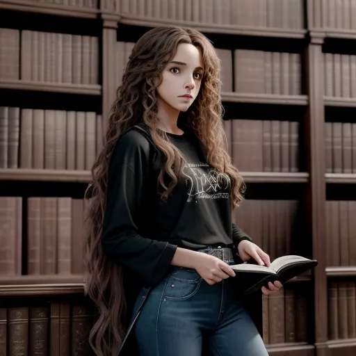 a woman with long hair is standing in front of a bookcase and holding a book in her hands, by Sailor Moon