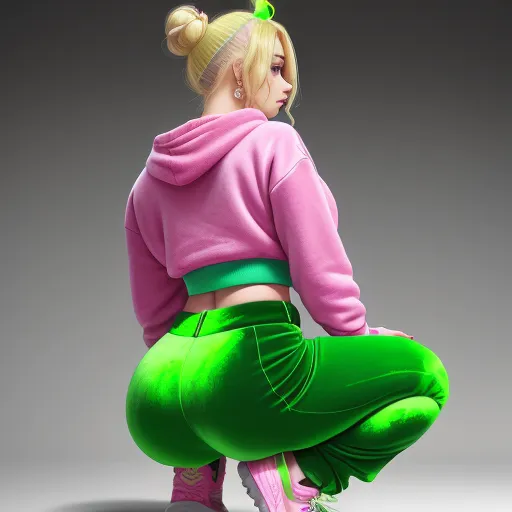 a woman in a pink sweatshirt and green pants is squatting down and looking down at the ground with her hair in a ponytail, by Hirohiko Araki