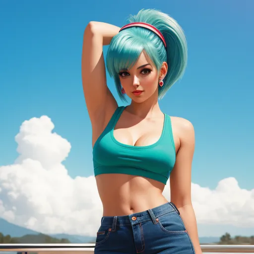 pixel to inches conversion - a woman with green hair and a green top on a balcony with a blue sky in the background and clouds in the sky, by Akira Toriyama