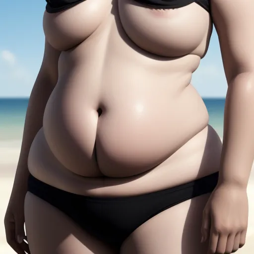 ai text image generator - a woman in a bikini standing on a beach with her butt exposed and large breast exposed, with a sky background, by Fernando Botero