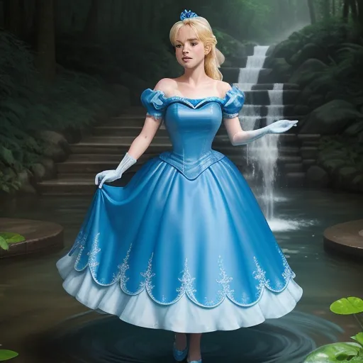 ai image genorator - a woman in a blue dress standing in a pond of water with a waterfall behind her and a waterfall behind her, by Toei Animations