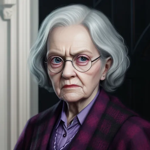 a painting of an older woman with glasses and a purple shirt and purple jacket, looking at the camera, by Gottfried Helnwein