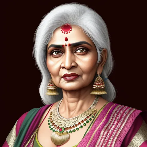 how to increase photo resolution - an old woman with a necklace and earrings on her head and a red and green sari on her chest, by Raja Ravi Varma