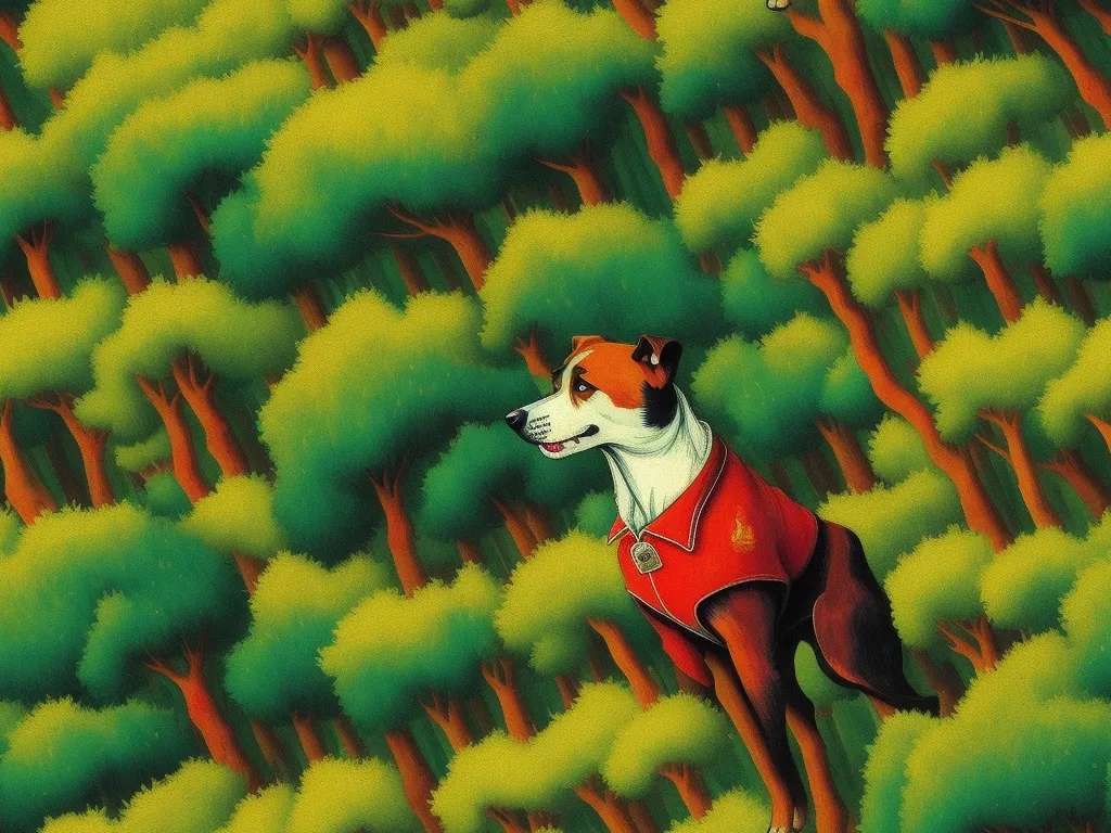 a painting of a dog in a forest with trees in the background and a red vest on his chest, by Howard Finster