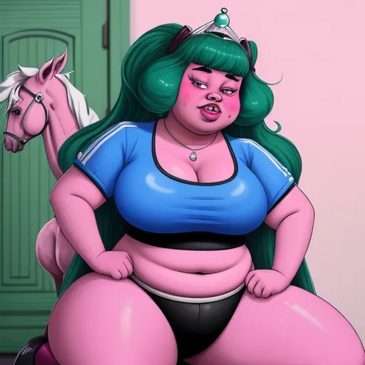 photo converter - a cartoon of a fat woman sitting on a horse with a horse in the background and a pink door, by Hanna-Barbera