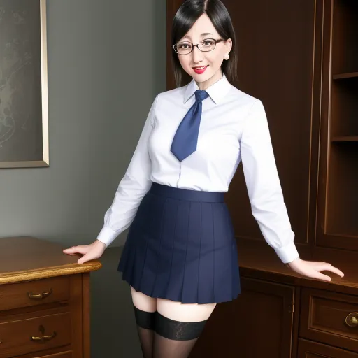 ai text to image generator - a woman in a skirt and tie posing for a picture in a room with a desk and cabinets in the background, by Terada Katsuya